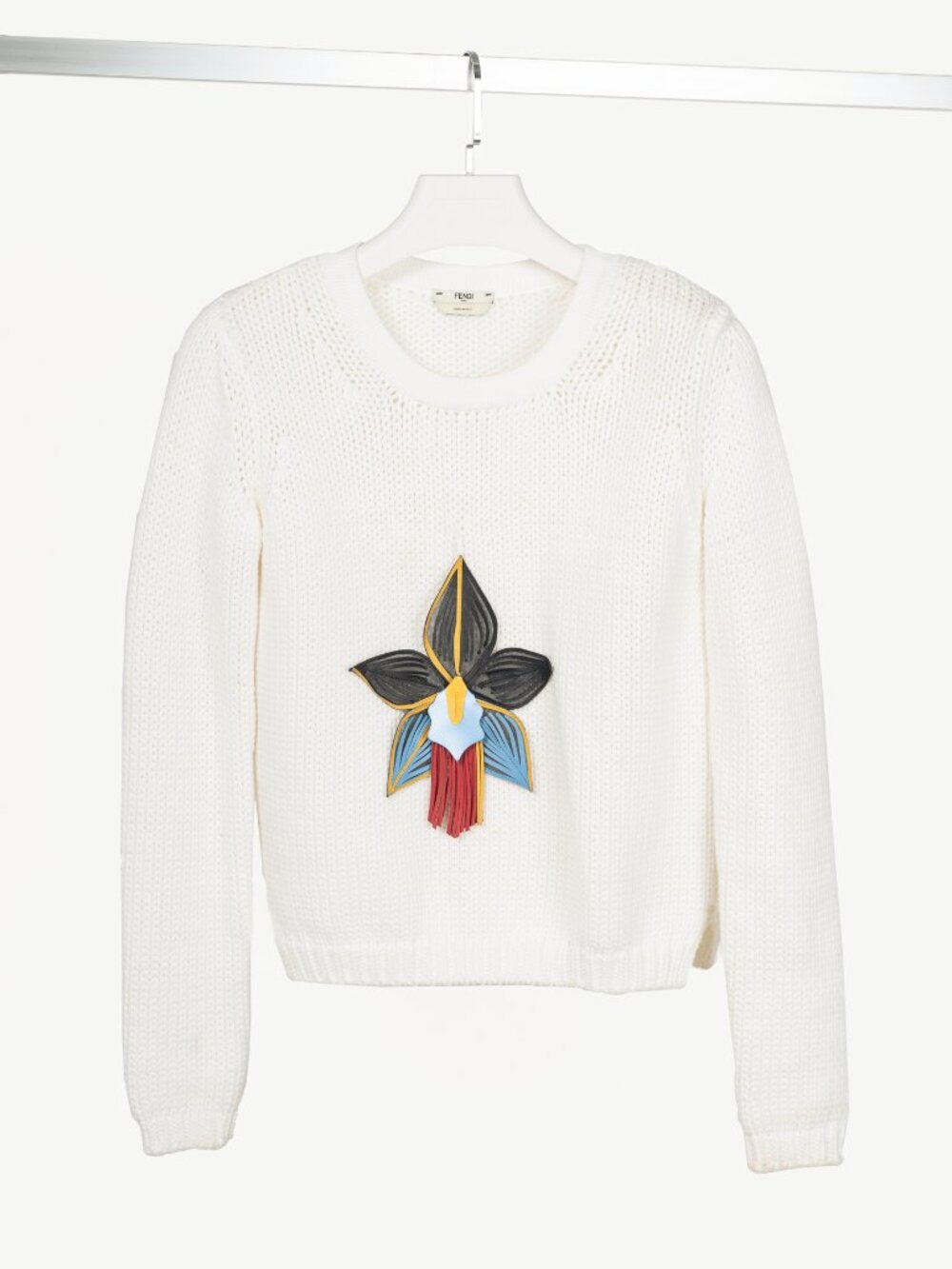 Fendi SS15 White Leather-Orchid Cotton-Blend Sweater